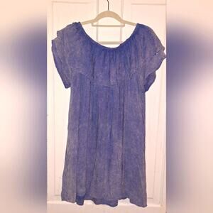 Mittoshop Size L Blue Chambray Babydoll Dress Ruffle Neck Feminine Flirty Spring